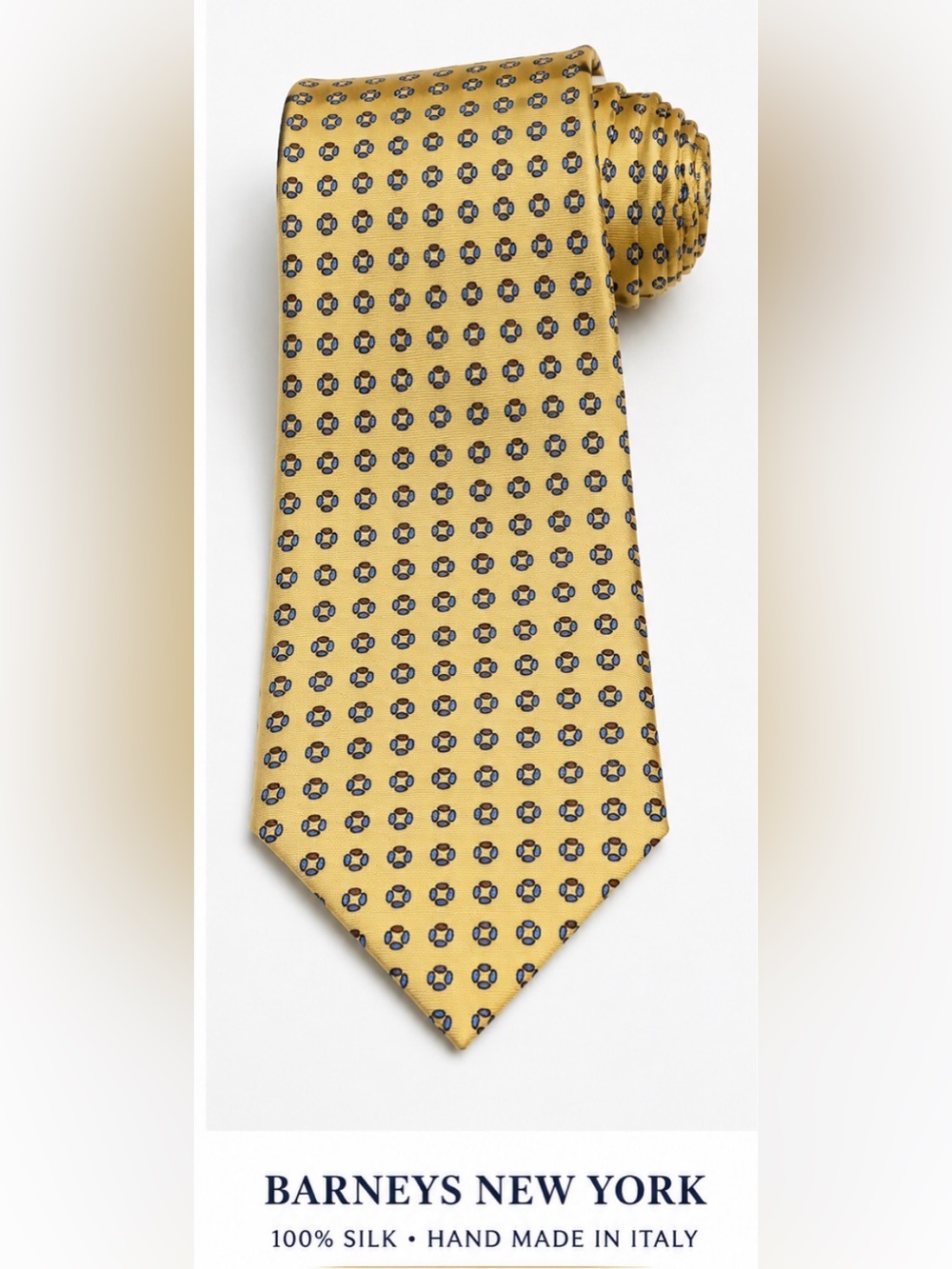 Barneys New York handmade Italian silk tie gold geometric pattern. 100% silk